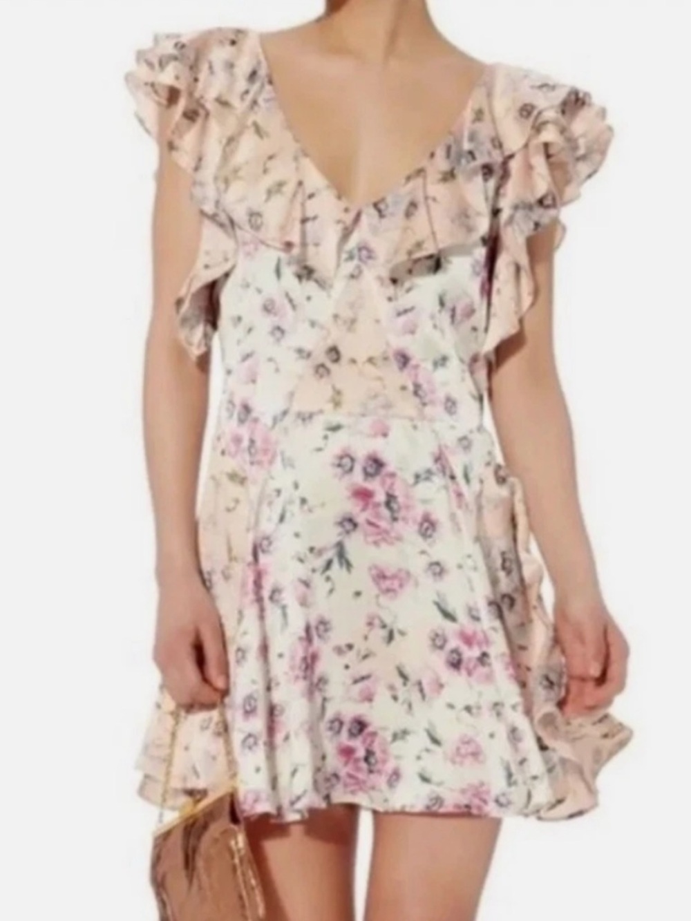 LOVE SHACK FANCY DRESS  100% SILK Pink Cream Floral Ruffle(offers welcome🎊🎉. 💛